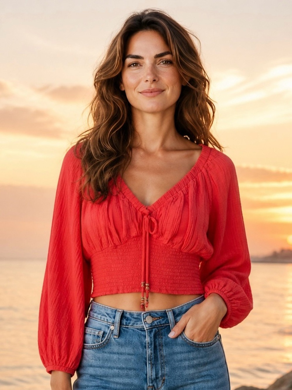 Smocked Coral Red V-Neck Cropped Blouse